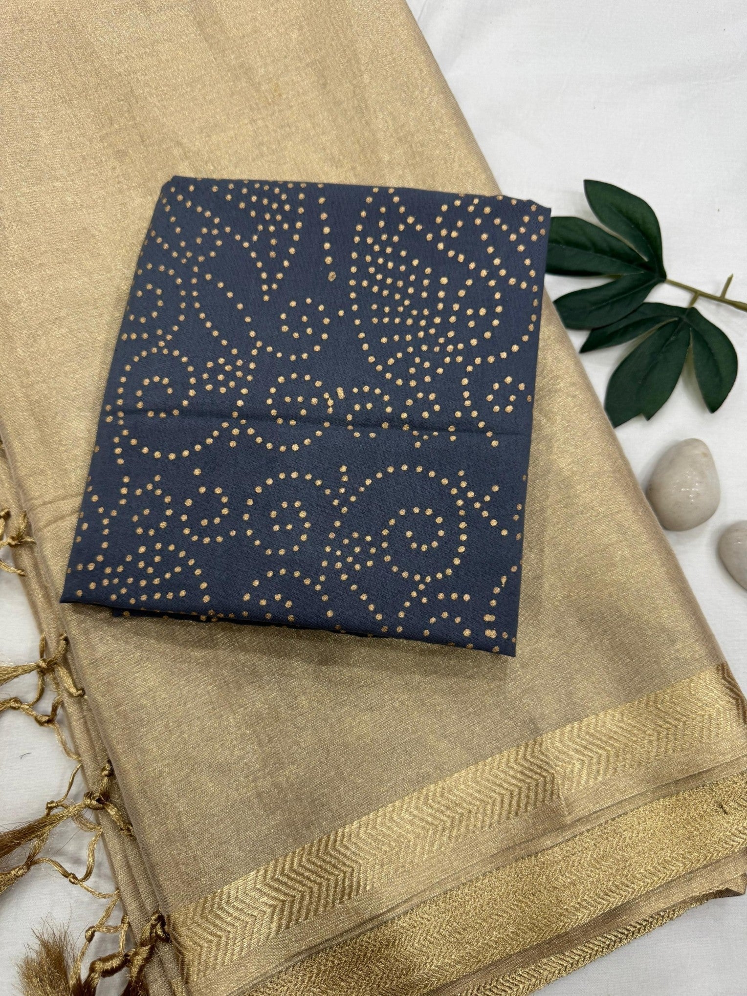 Gold Tissue Saree with Grey Floral Design Blouse Fabric – Premium Wholesale Saree for Retailers & Boutiques